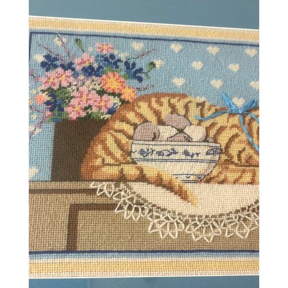 Framed Vintage Needlepoint Tabby Cat wBlue Ribbon Cottagecore Heart Design - Picture 4 of 5